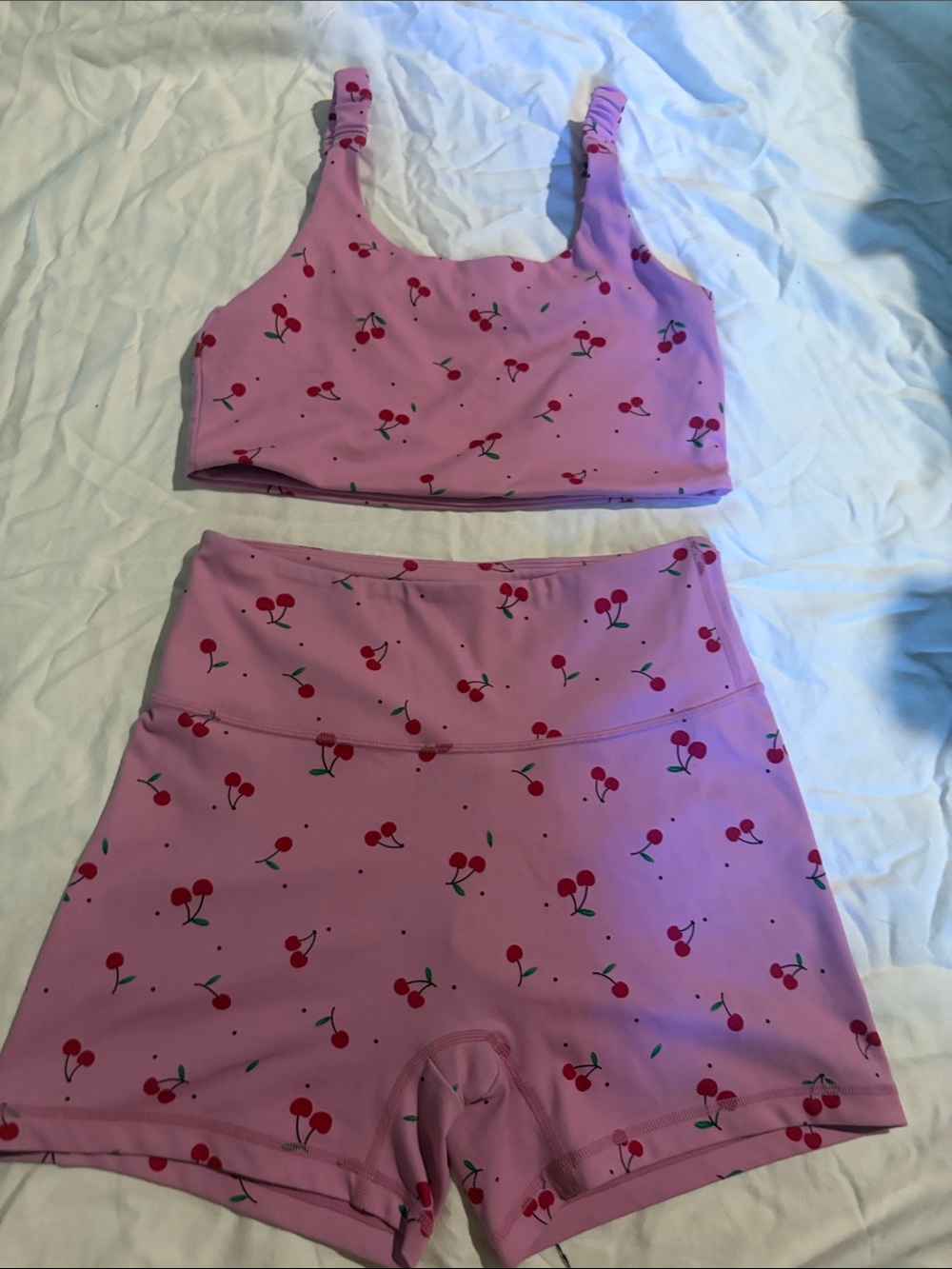Women’s Pink Cherry Print Tank Bralette & High-Waist Shorts Set